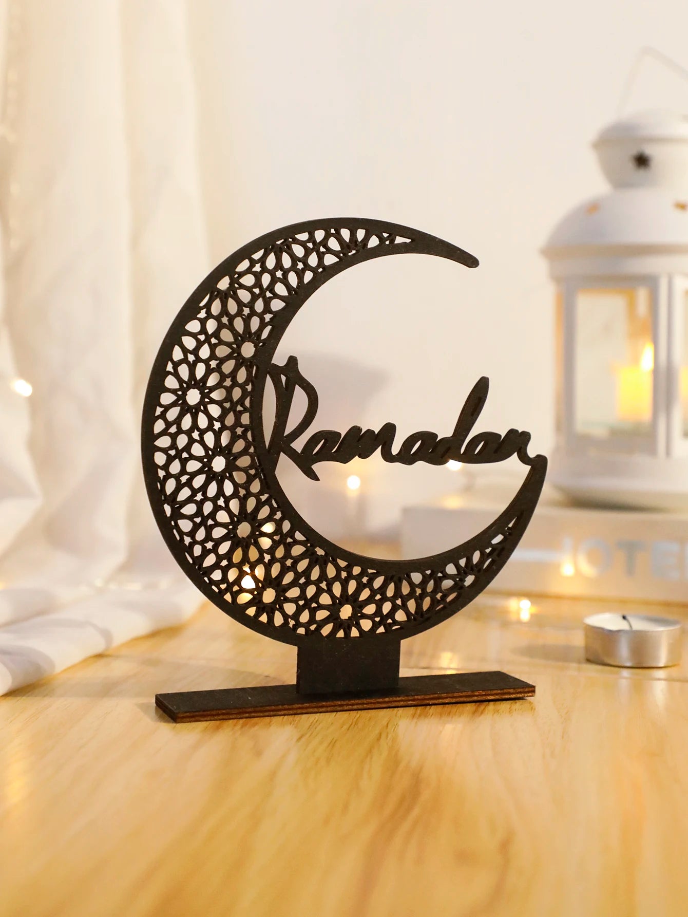 Eid Mubarak Wooden Moon Ornaments，Black Ramadan Kareem muslim decor ，Happy Ramadan Table decorations，Islamic Festival Decoration