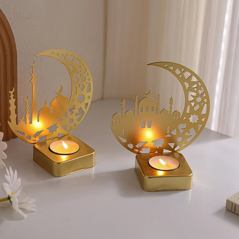 Ramadan Candlestick  Home Decor Eid Mubarak Candle Holder Table Ornament Muslim Festival Party Crescent Moon Star Decor