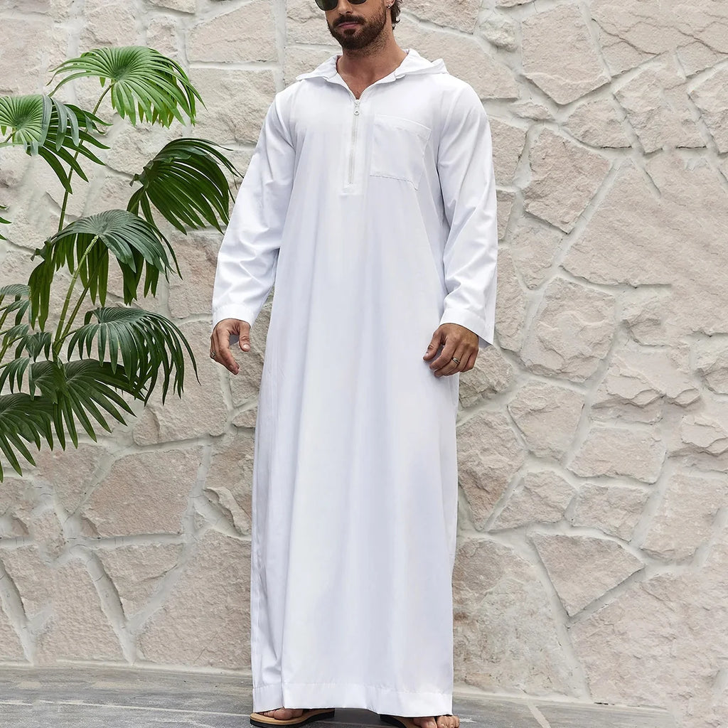 Muslim Men's Solid Color Hooded Zipper Thobe Long-Sleeved White Simple Islamic Arabic Ethnic Style Robe for Adult Party