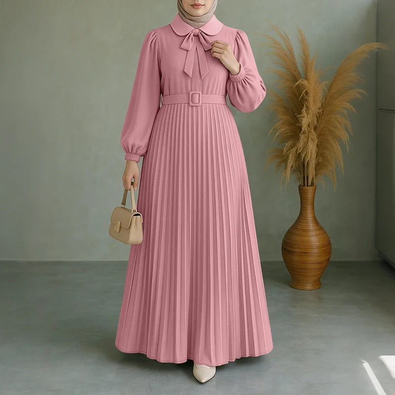 Dress Abaya Women Long Lantern Sleeve Pleated Sundress Belted Robe Femme Work Dresses