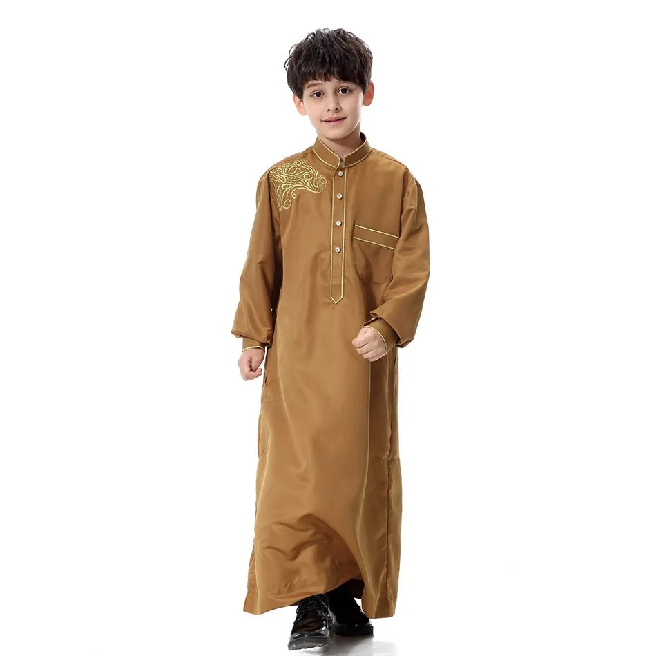 2025 New Kids Robe Children Embroidery Outfit Boys Ramadan Thawb Teens Long Sleeve National Clothes Arab Muslim Thobe 5-12 Years
