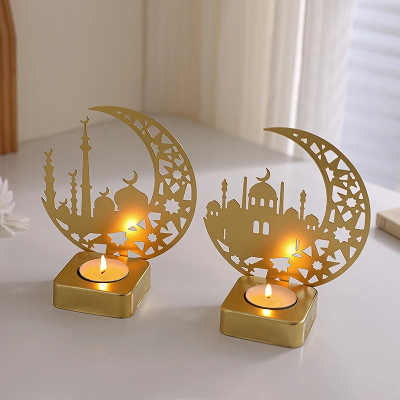 Ramadan Candlestick  Home Decor Eid Mubarak Candle Holder Table Ornament Muslim Festival Party Crescent Moon Star Decor