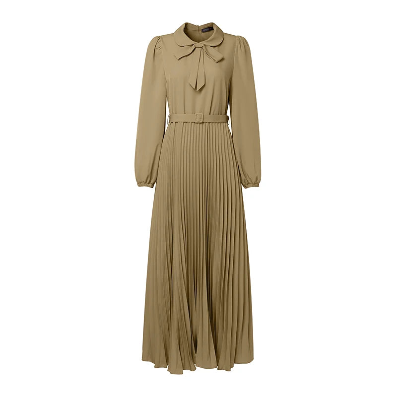 Dress Abaya Women Long Lantern Sleeve Pleated Sundress Belted Robe Femme Work Dresses