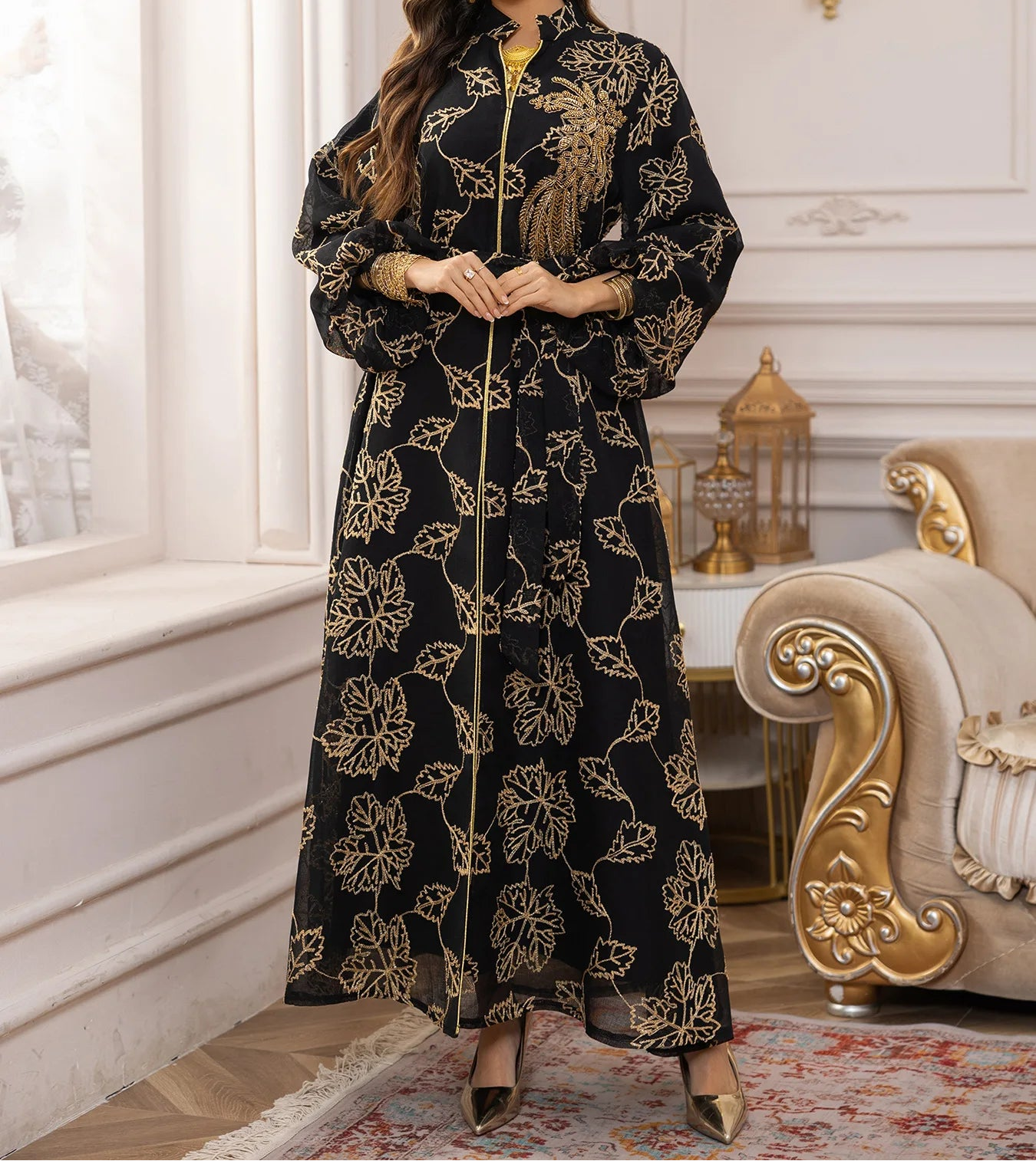 Luxury Muslim Abaya White Base Gold Floral Embroidered Long Dress with Belted Waist Elegant Modest Islam Formal Wear  Dubai