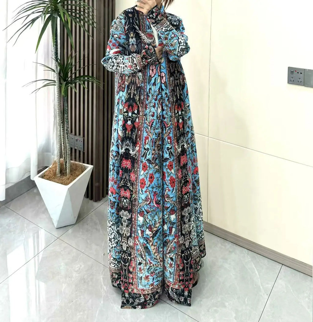 Miyake Pleated Women's Long Cardigan Windbreaker Coat Autumn New Ethnic Style Printing Loose Plus Size Dress Cloak Robe