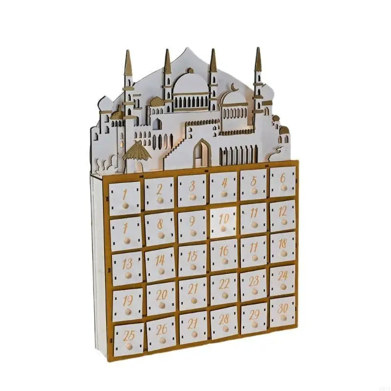 587F Eid Ramadans Countdown Calendar with LED Light and 30 Small Drawers Advent Decors for Islamics Parties Celebration