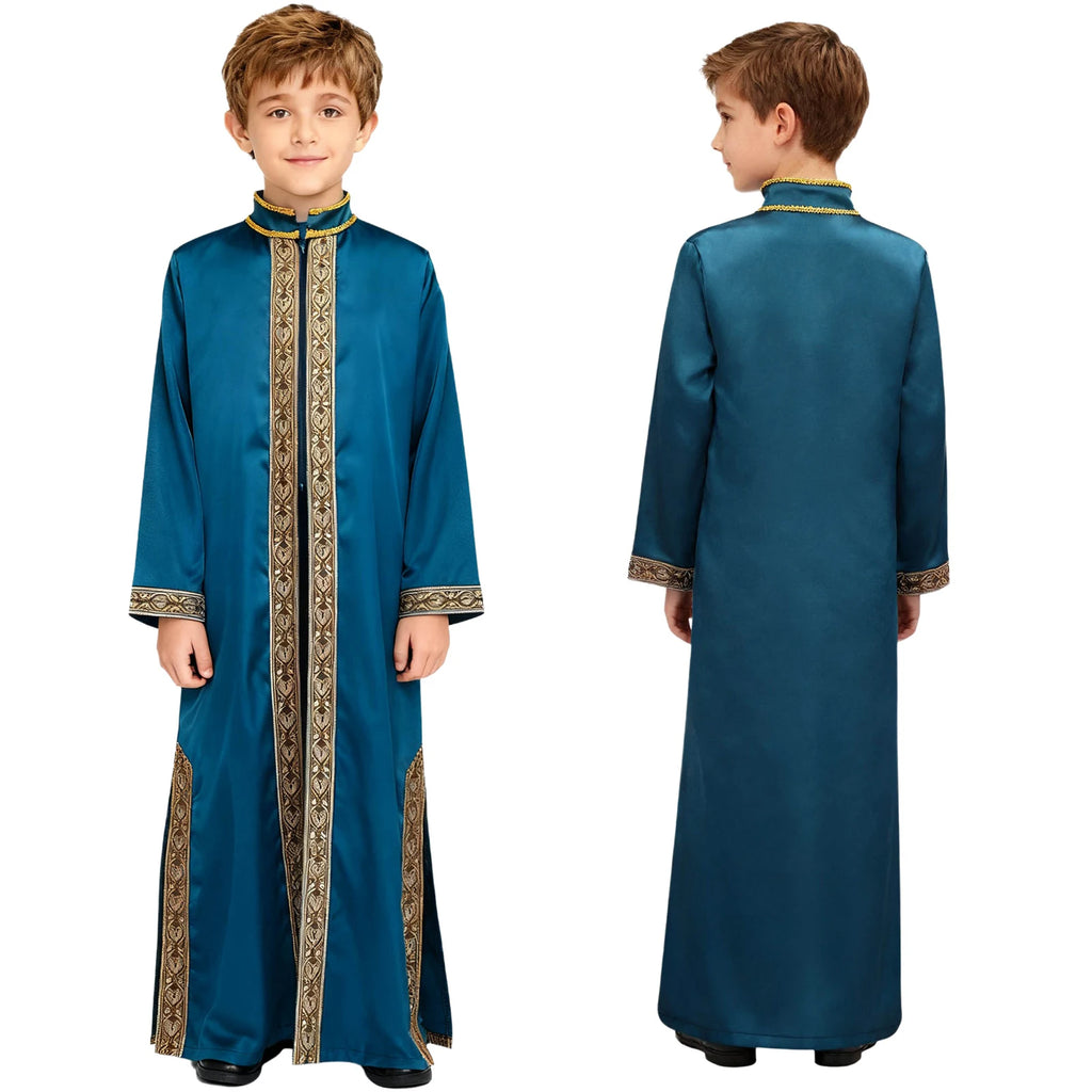 Boys Islamic Robe Kaftans Arab Gown Long Sleeves Slit Zipper Gold Embroidery Maxi Muslim Thobe Kids Festival Holiday Costume