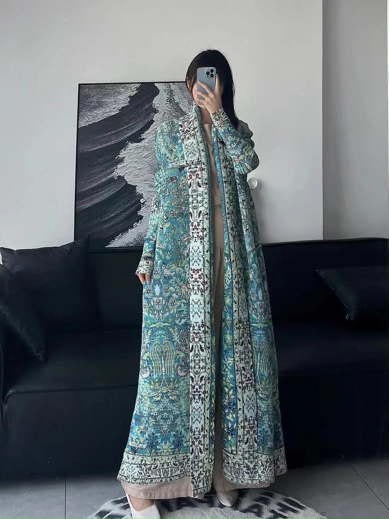 Miyake Pleated Women's Long Cardigan Windbreaker Coat Autumn New Ethnic Style Printing Loose Plus Size Dress Cloak Robe