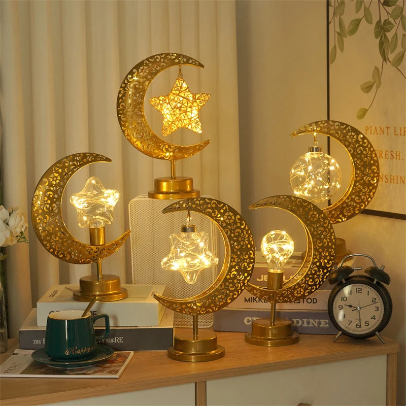 Ramadan Crescent Moon and Star Night Light Creative Eid Mubarak Led Light Islamic Muslim Desktop Decor Eid Party Supplies