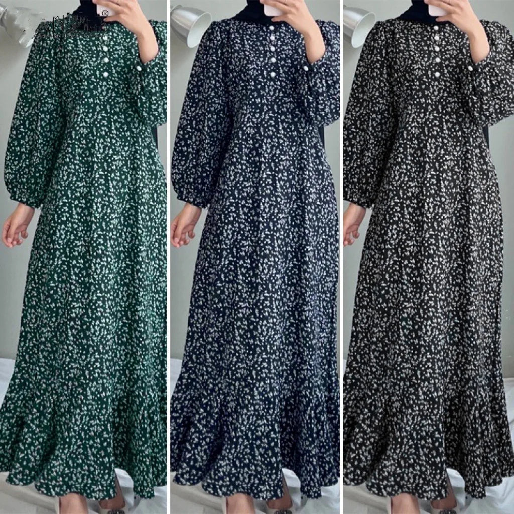 Dress Vintage Ruffles Hem Sundress Robe Femme Turkey Vestido Kaftan