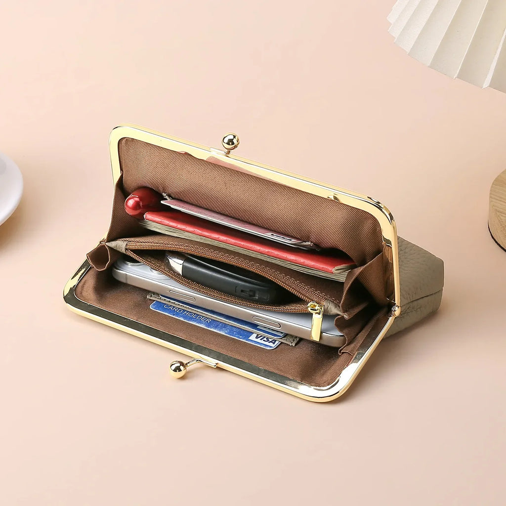 Genuine Leather Ladies Multi-Functional Clip-On Wallet Long Dinner Bag Lychee Pattern Top Layer Cowhide Handbag Soft Shell