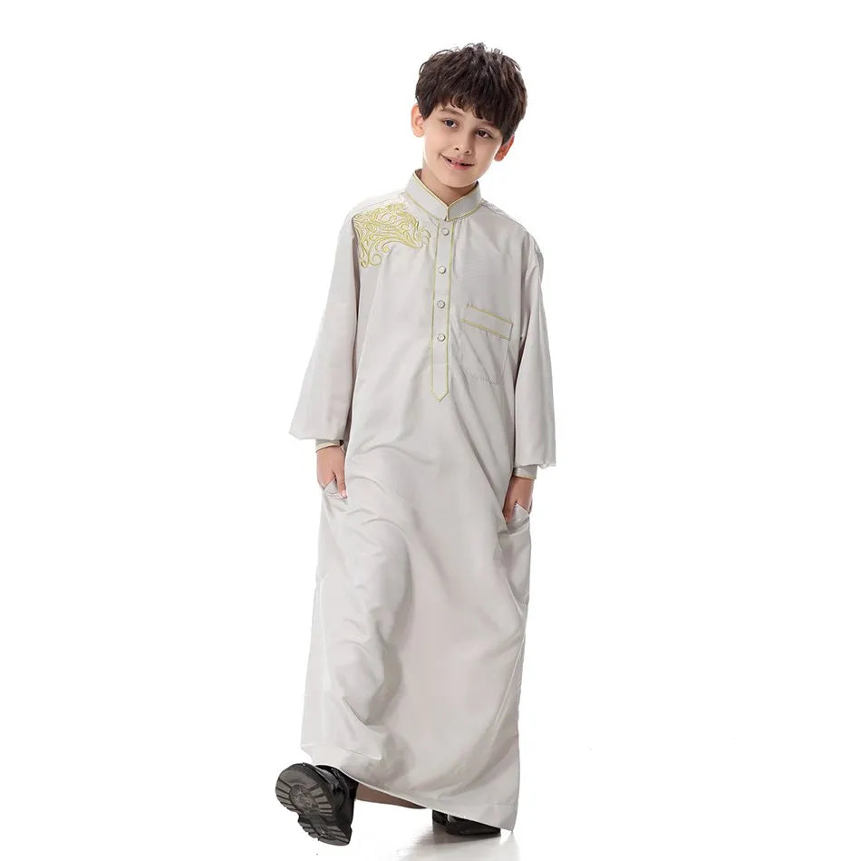 2025 New Kids Robe Children Embroidery Outfit Boys Ramadan Thawb Teens Long Sleeve National Clothes Arab Muslim Thobe 5-12 Years