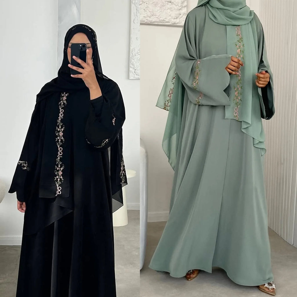 Embroidery Open Abaya and Hijab 2 Piece Set Muslim Dress Abayas for Women Dubai Luxury Islamic Clothing Kaftan Robe Ramadan Eid