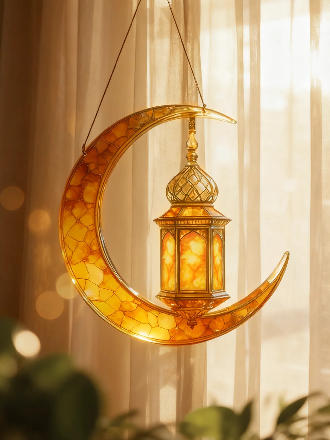 Islamic Moon Star Lantern Hanging Decor - Acrylic Eid Mubarak Ornament for Ramadan Kareem Muslim Festival Home Window Wall Decor