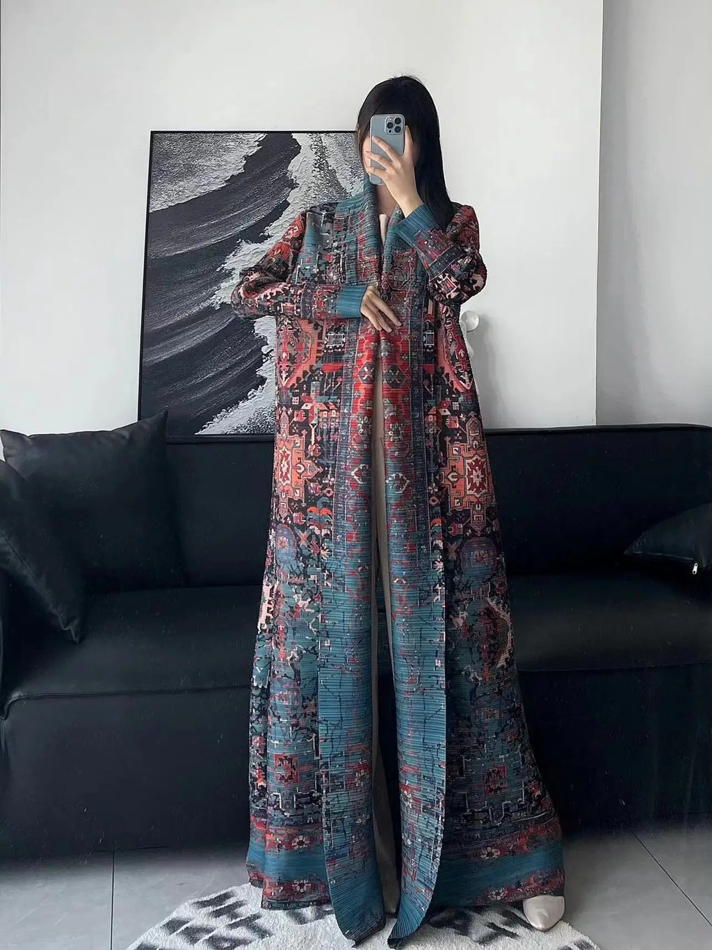 Miyake Pleated Women's Long Cardigan Windbreaker Coat Autumn New Ethnic Style Printing Loose Plus Size Dress Cloak Robe