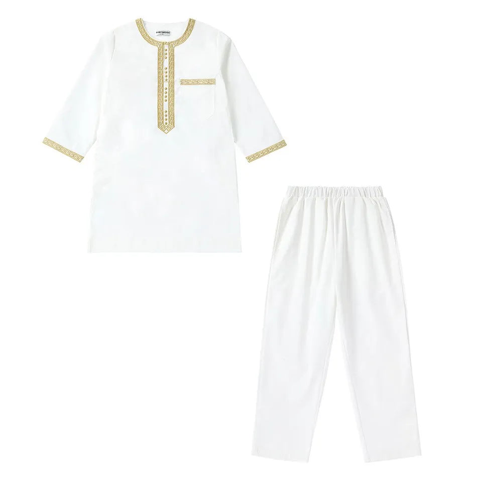 Ramadan Eid Muslim Boys Clothing Set Arab Thobe 2-Piece Outfit Long Sleeve Traditional for Kids Summer National Festival Costume