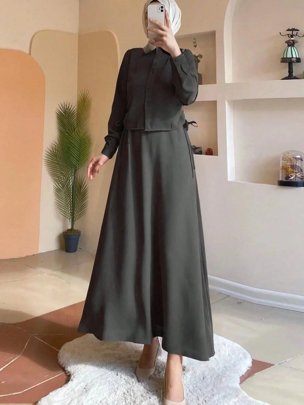 Elegant Long Sleeve Muslim Arab Women's Shirt And Midi Skirt Set Fashionable Modesty Style Women's Clothing from China