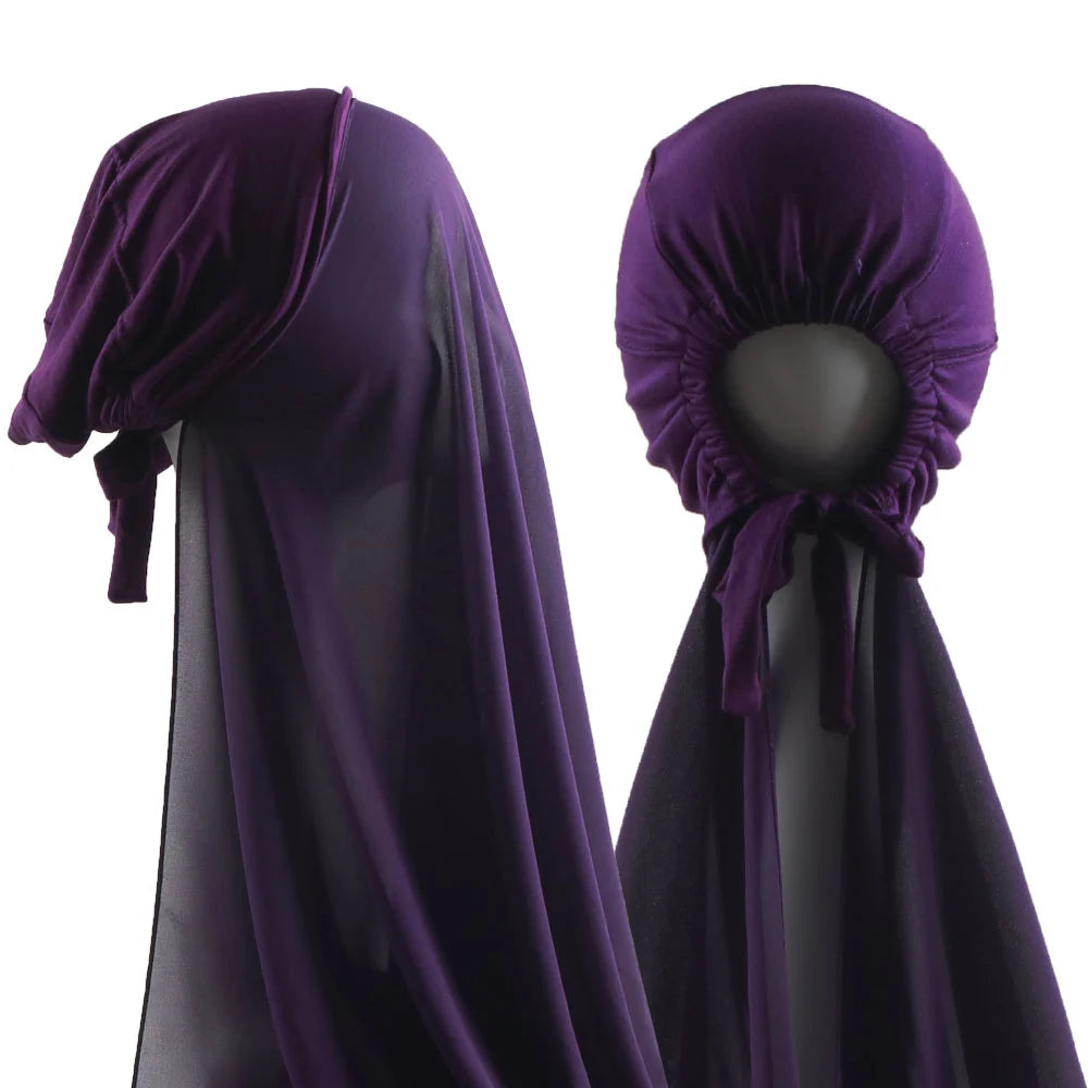 Muslim Instant Hijab Women Bonnet with Chiffon Shawl Head Scarf Cap Inner Headband Stretch Hijab Cover Headwrap Turbante