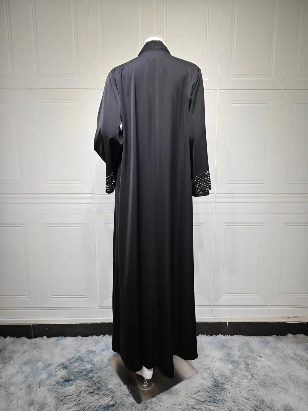 Fashionable Black Long Open Cardigan Abaya with Rhinestones Loose Polyester Midi Dress for Women in Dubai Autumn