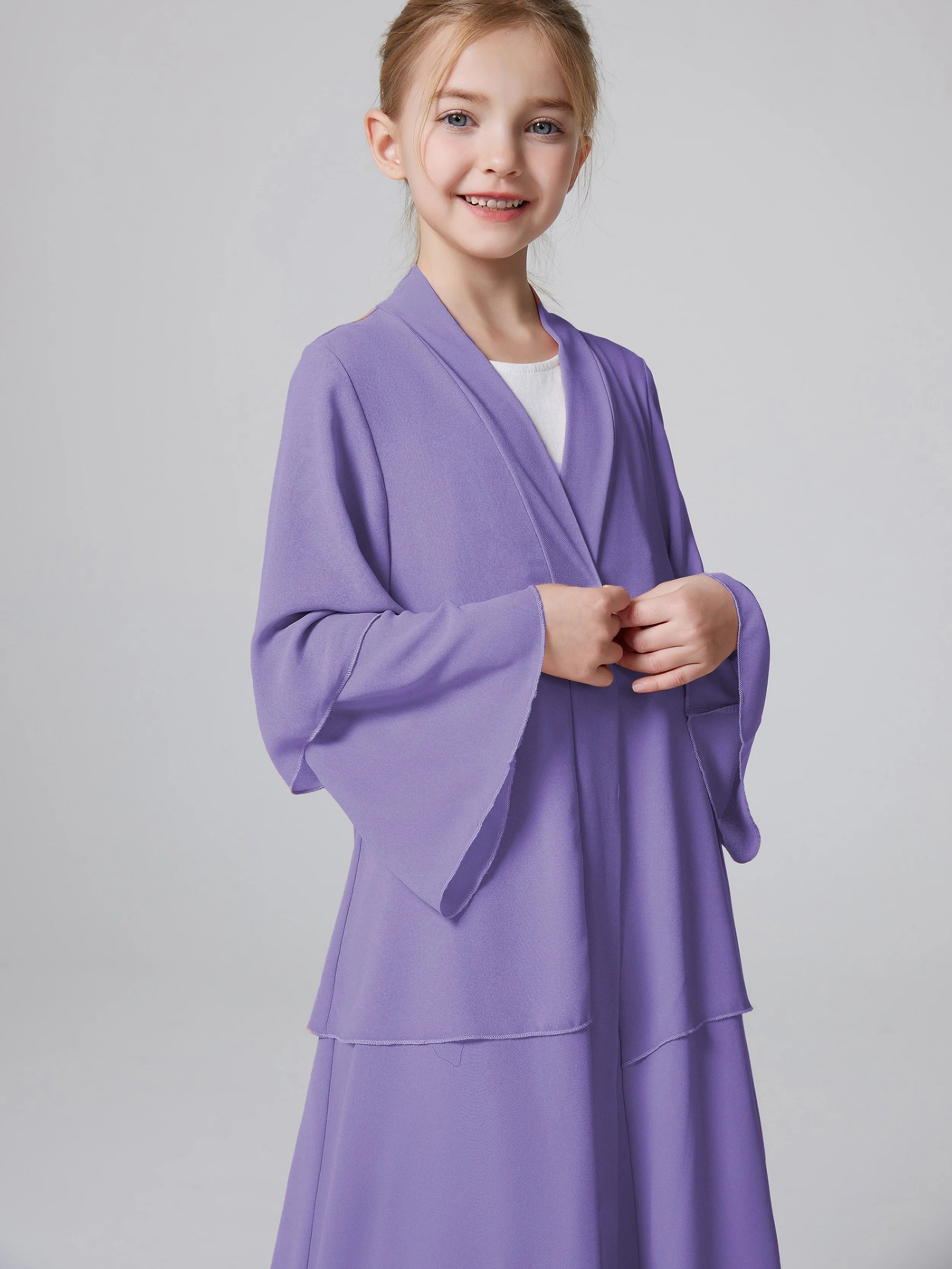 Ramadan Kebaya Muslim Girls Abaya 3 Layered Chiffon Kids Abaya Dress Open Front   Outerwear (Without Hijab)