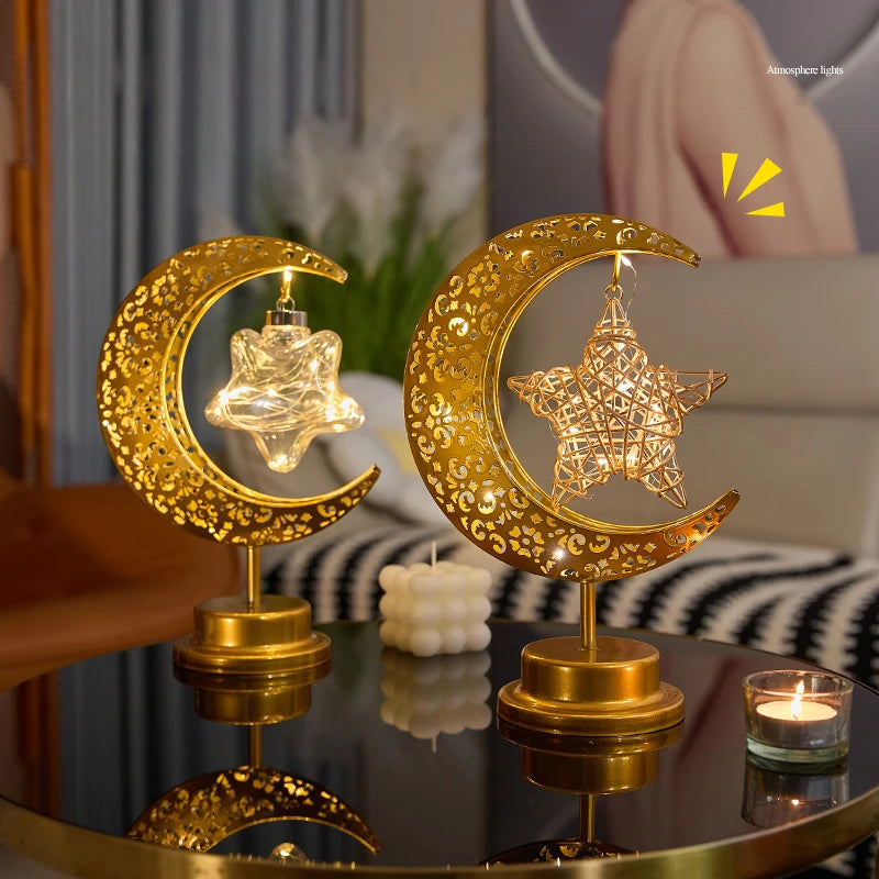 Ramadan Crescent Moon and Star Night Light Creative Eid Mubarak Led Light Islamic Muslim Desktop Decor Eid Party Supplies