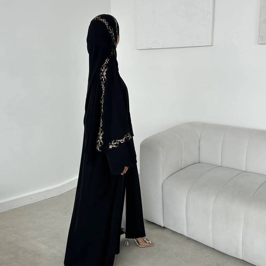 Embroidery Open Abaya and Hijab 2 Piece Set Muslim Dress Abayas for Women Dubai Luxury Islamic Clothing Kaftan Robe Ramadan Eid