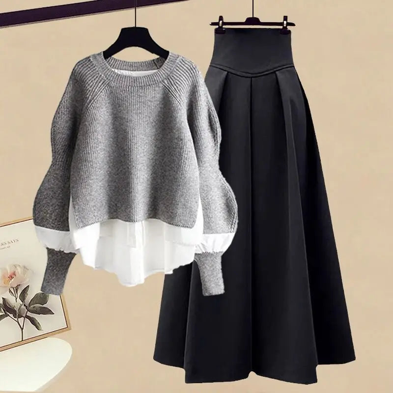 Spring/Autumn New Korean Elegant Splice Fake Two Piece Knitted Sweater Dress