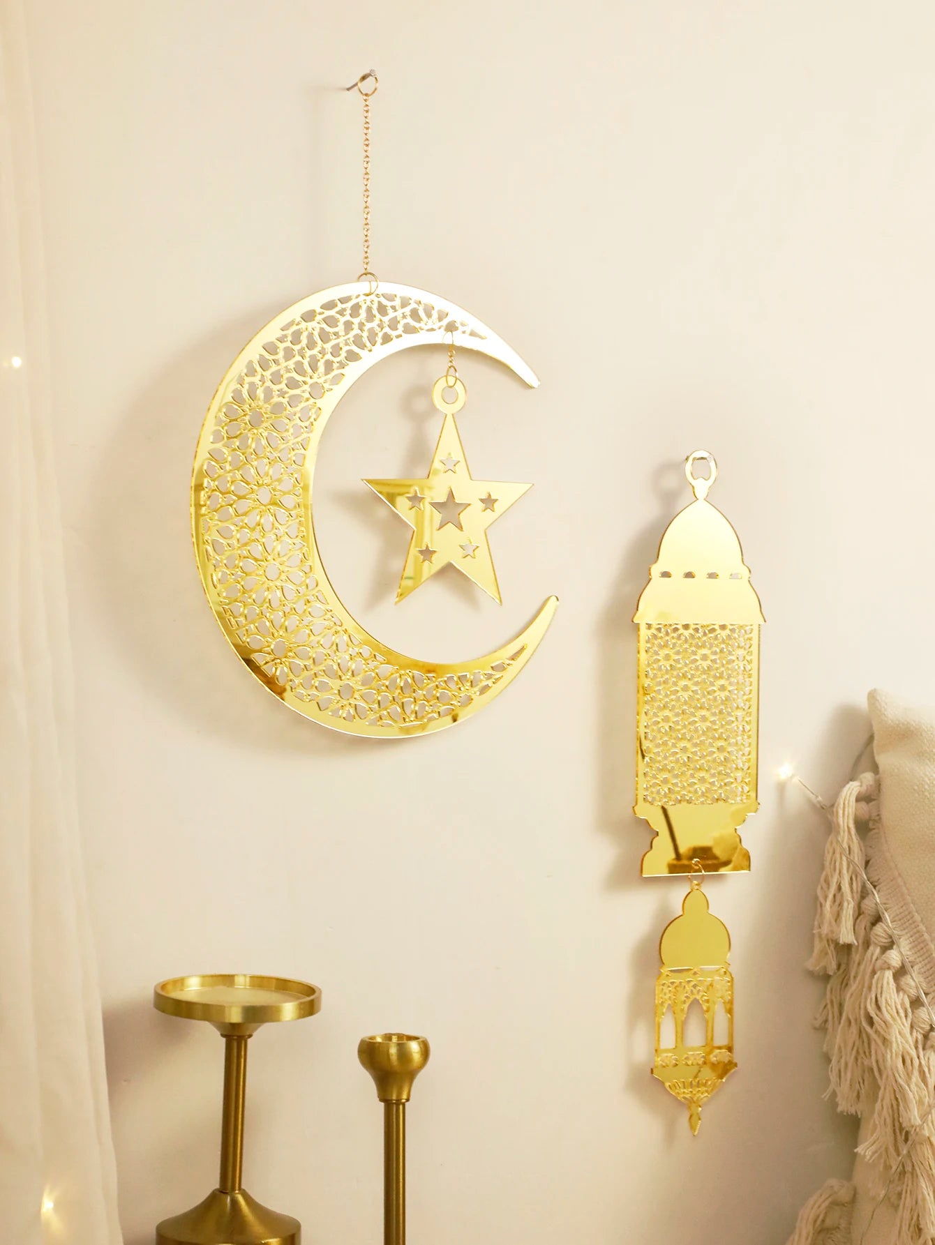 Gold Ramadan Acrylic Moon Hanging Ornaments with Hollow Mesh Star，Eid Mubarak Muslim Decor，Lanterns Wall Decor，Ramadan Kareem