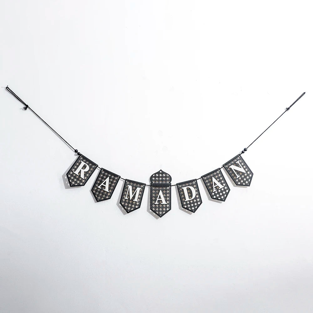 Ramadan Mubarak Banner - Hollow Lantern Hanging Garland for Islamic Muslim Eid Festival Home Party Ornament Wall Decor Supplies