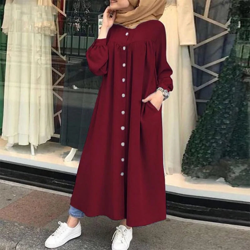 Casual Long Sleeve round Neck Pocket Women's  Muslim Fashion Comfortable Commuting Style Polyester Fiber D...