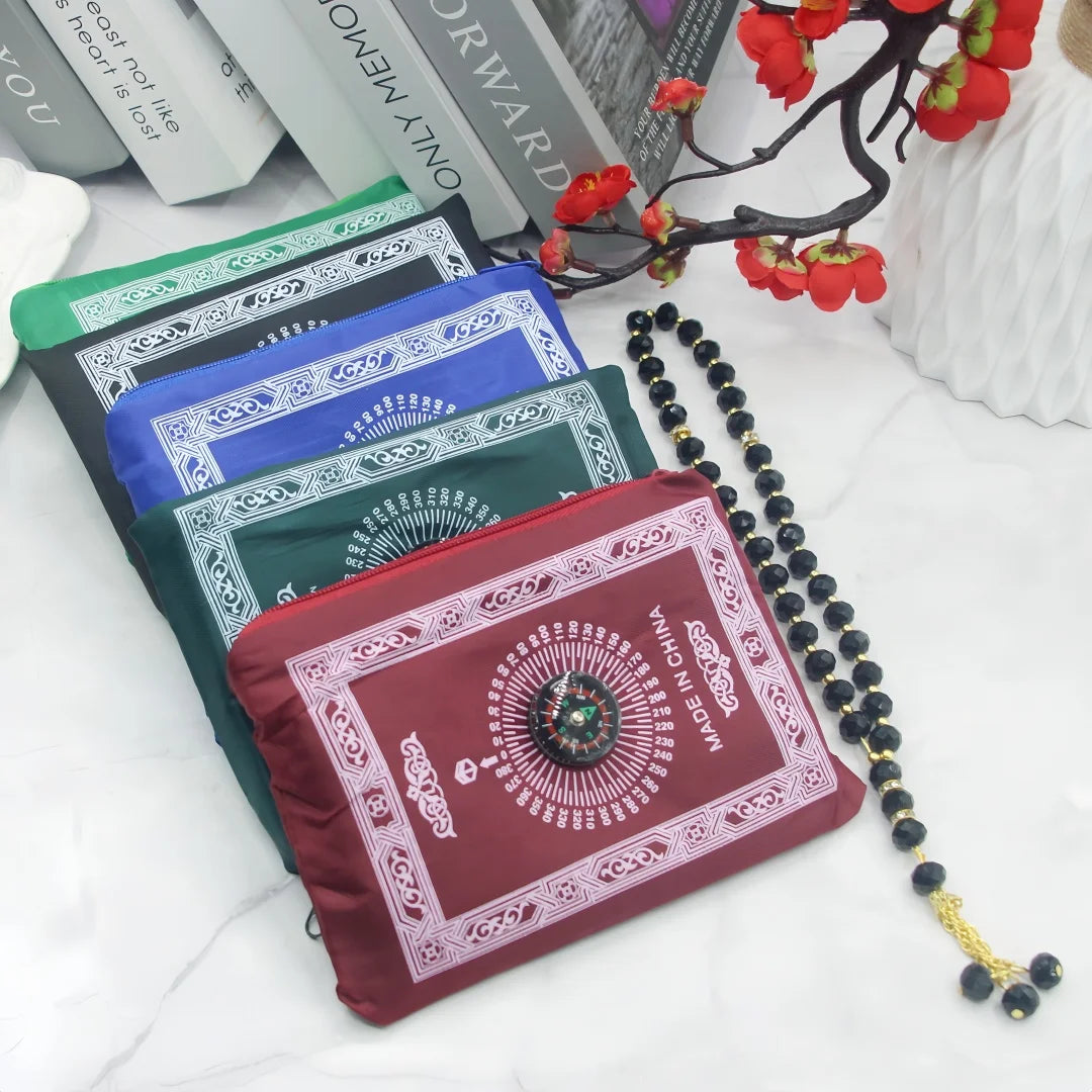 Travel Prayer Mat Rug With Prayer Beads Pocket Travel Foldable Portable Muslim Prayer Carpet with Compass Praying Rug