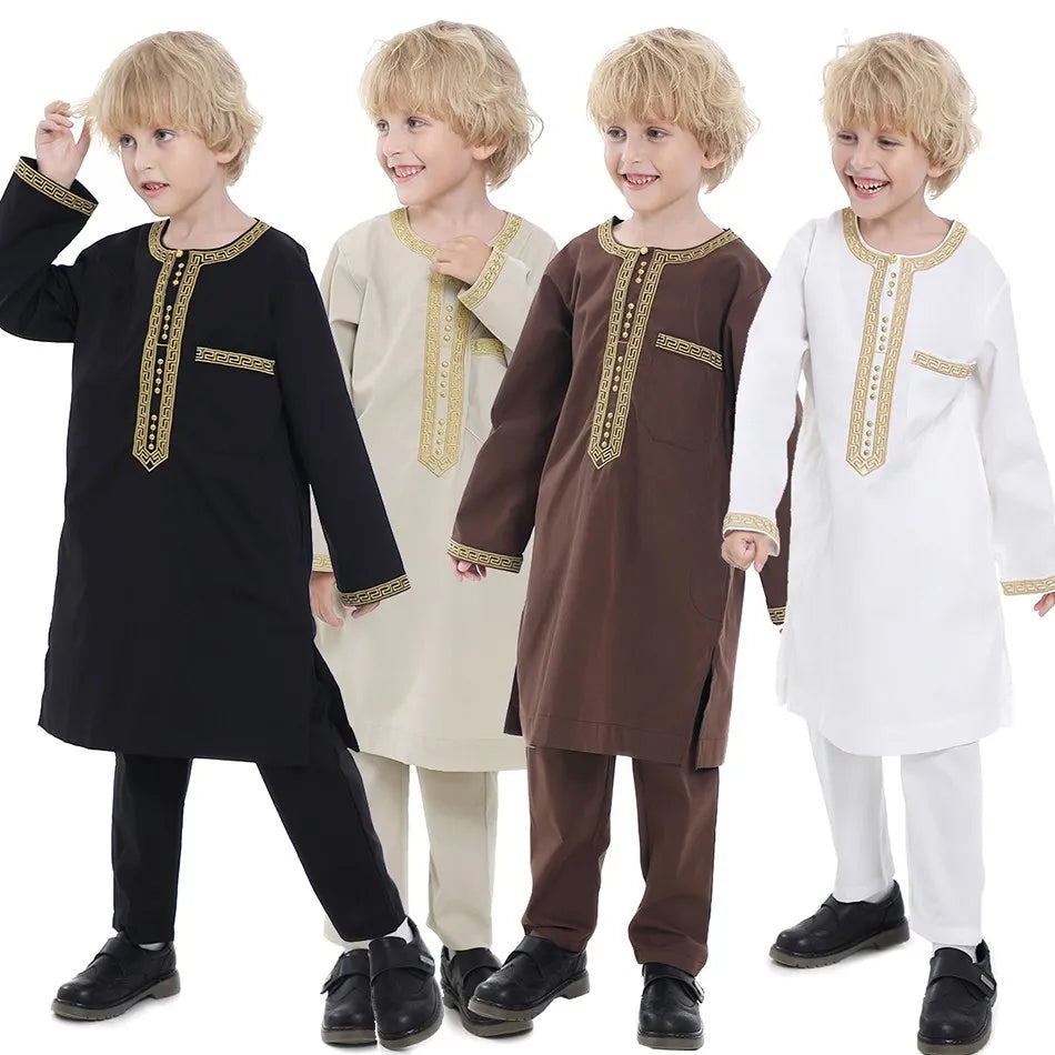Ramadan Eid Muslim Boys Clothing Set Arab Thobe 2-Piece Outfit Long Sleeve Traditional for Kids Summer National Festival Costume
