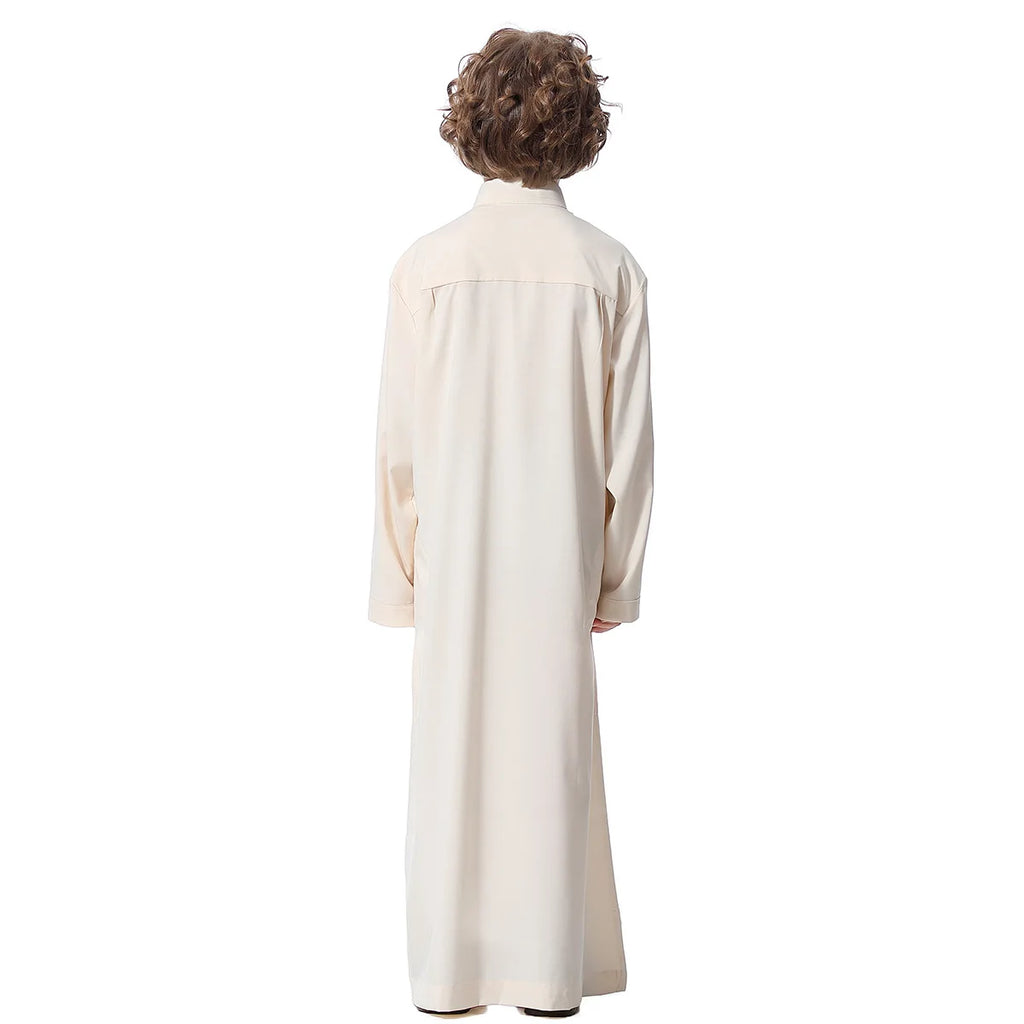 Boys Islamic Clothing Kids Muslim Jubba Thobe Solid Long Sleeve Stand Collar Kaftan Robes Arab Dubai Children Casual Abaya Dress
