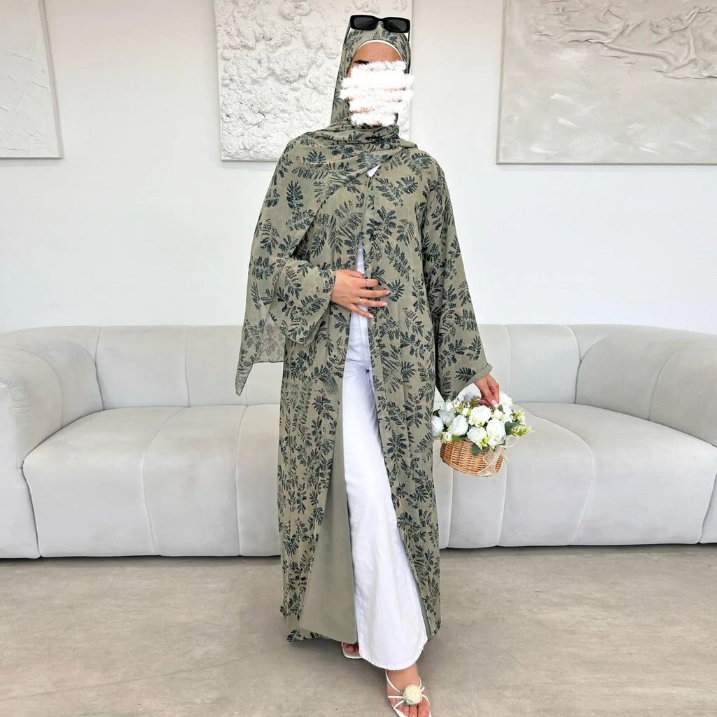 Eid Women Abaya Scarf 2 Piece Set Muslim Cardigan Ramadan Jalabiya Print Caftan Long Robe Morocco Kaftan Vestidos Largos 2026