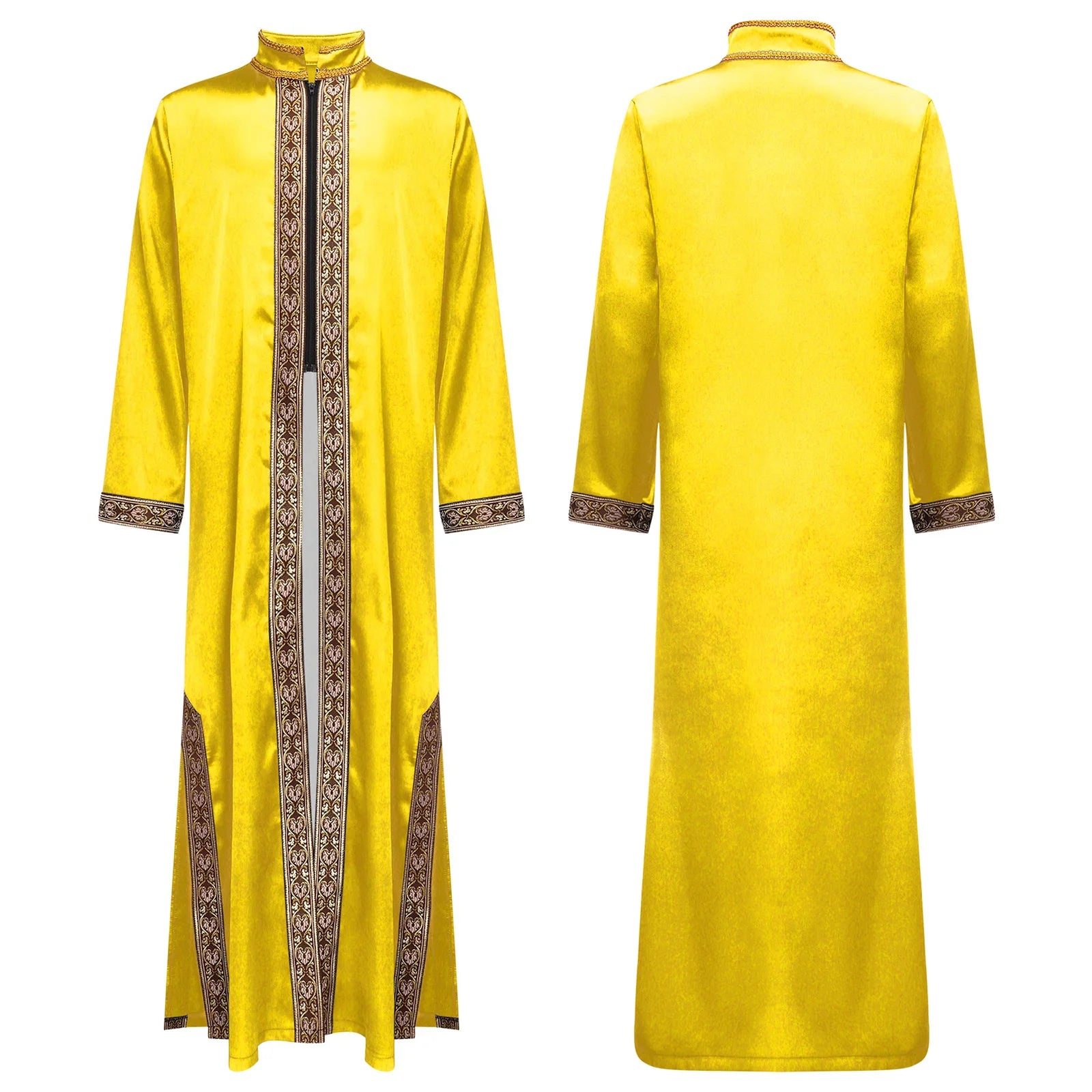 Boys Islamic Robe Kaftans Arab Gown Long Sleeves Slit Zipper Gold Embroidery Maxi Muslim Thobe Kids Festival Holiday Costume