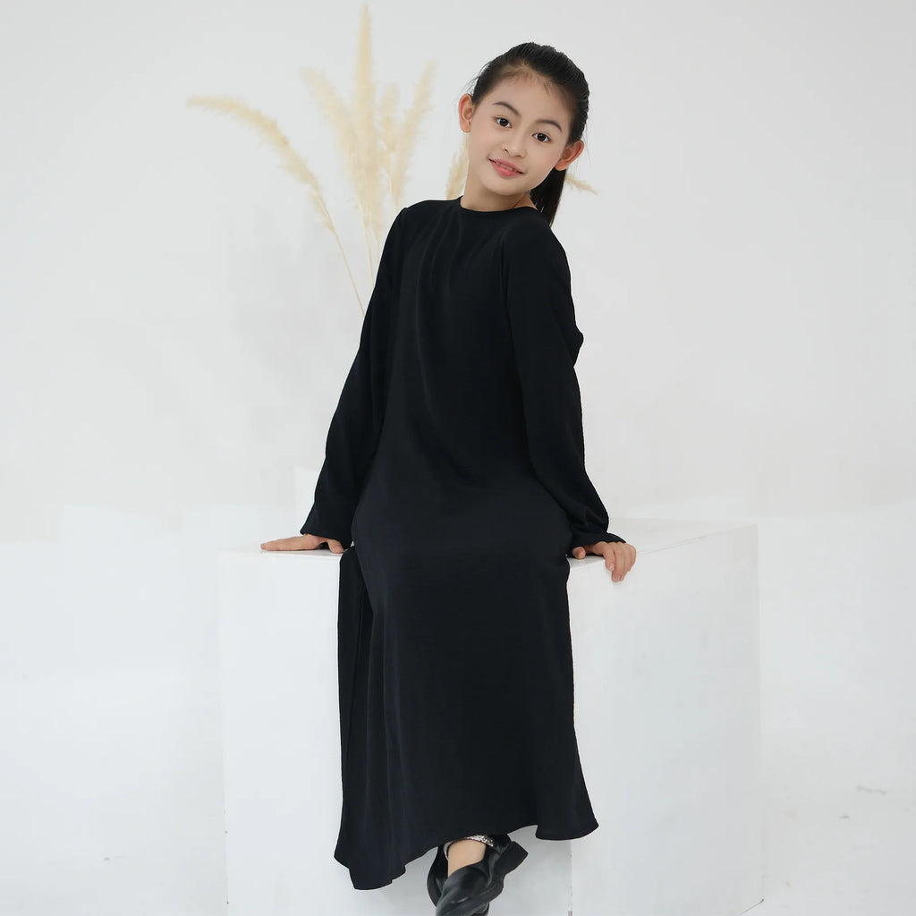 Muslim Kids Abaya Middle East Arab Children Long Sleeves Plain Color Dress Turkey Robe Islamic Girls Round Neck Clothing Modest