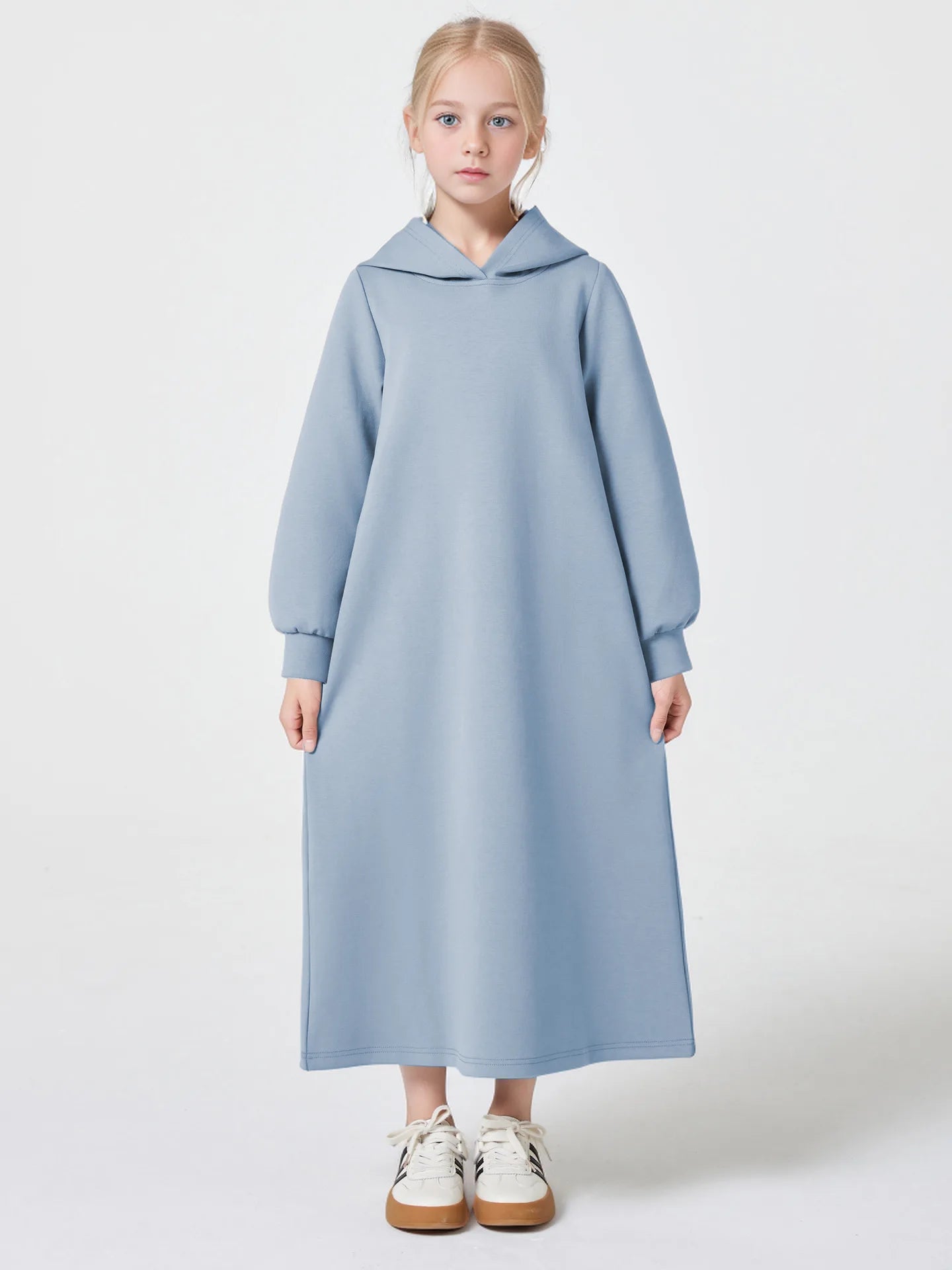 Middle East Muslim Fashion Abayas for Girls Solid Color Simple Hoodie Dress with Pocket Hooded Cuff Design Eid Ramadan Kids Robe