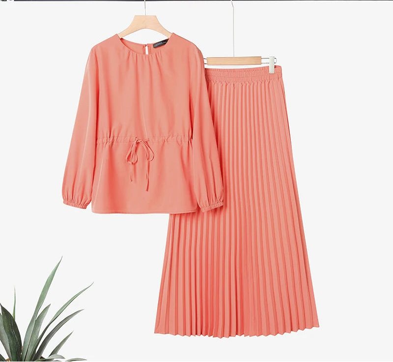 Autumn Outfits Muslim Women 2 Piece Sets Elegant Fashion Long Sleeve Tops Pleated Maxi Skirts Suit 2PCS Tracksuits
