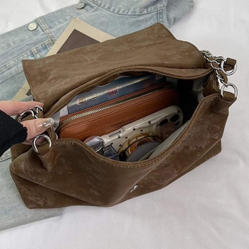 New Retro Pu Commuting Tote Bag for Women  Large Capacity Shopping Accessorise Shoulder Bag  Simple Leisure Texture Chain Bag