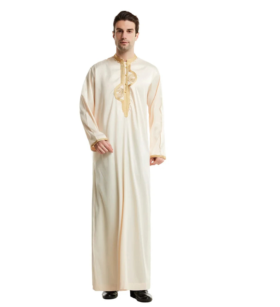 Men's Fashion Embroidered Long Robe Muslim Jubba Thobe Stand Collar Long Sleeve Daily Wear Polyester Spring Autumn
