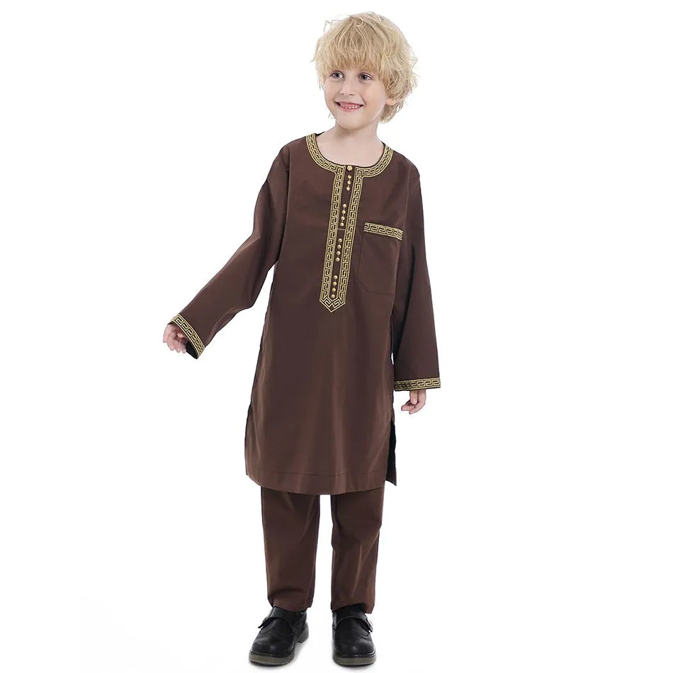 Ramadan Eid Muslim Boys Clothing Set Arab Thobe 2-Piece Outfit Long Sleeve Traditional for Kids Summer National Festival Costume