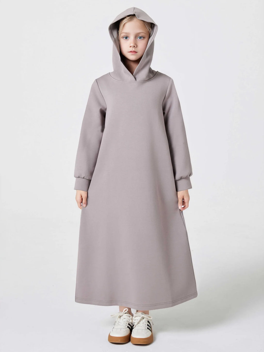 Middle East Muslim Fashion Abayas for Girls Solid Color Simple Hoodie Dress with Pocket Hooded Cuff Design Eid Ramadan Kids Robe