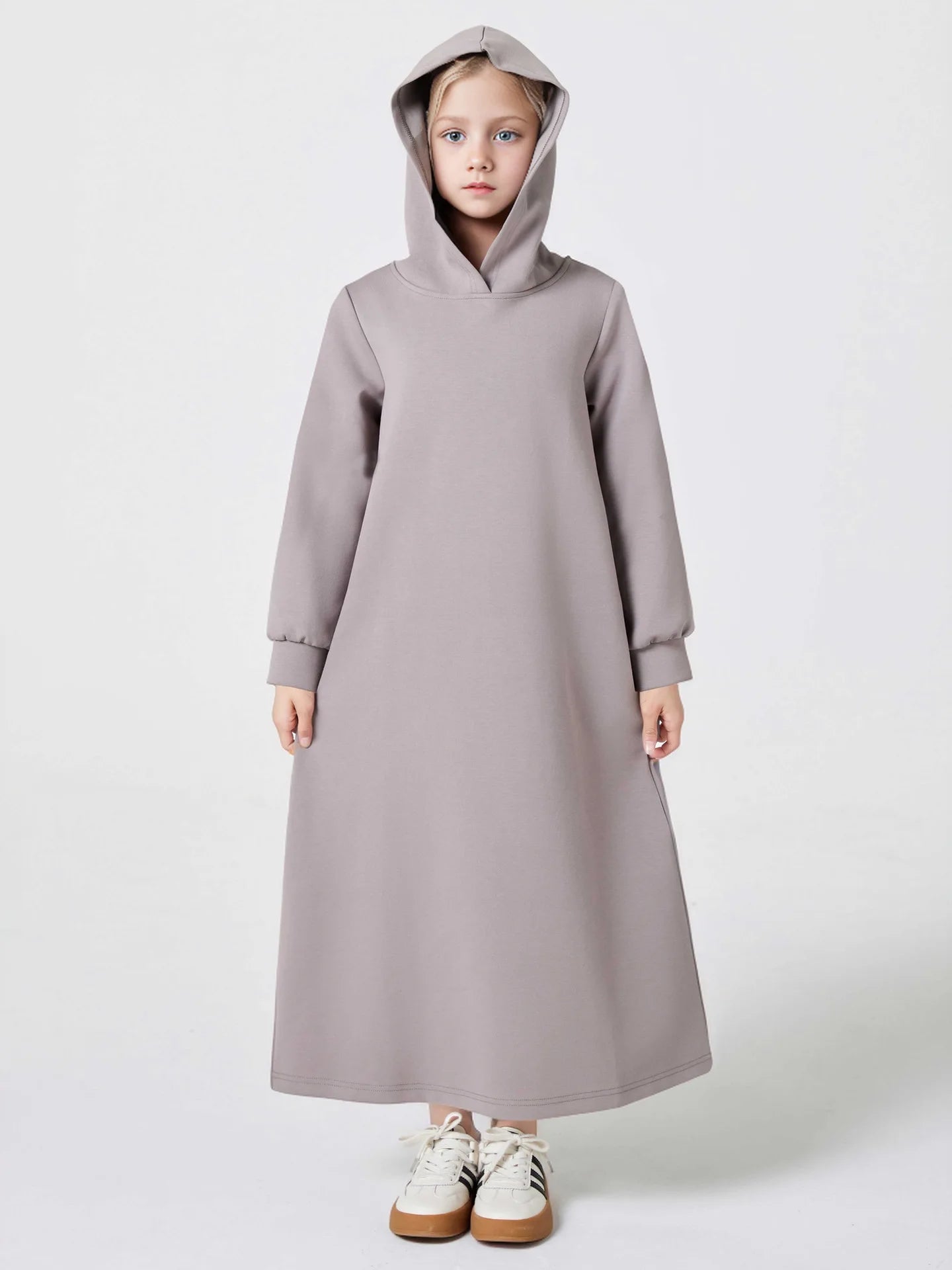 Middle East Muslim Fashion Abayas for Girls Solid Color Simple Hoodie Dress with Pocket Hooded Cuff Design Eid Ramadan Kids Robe
