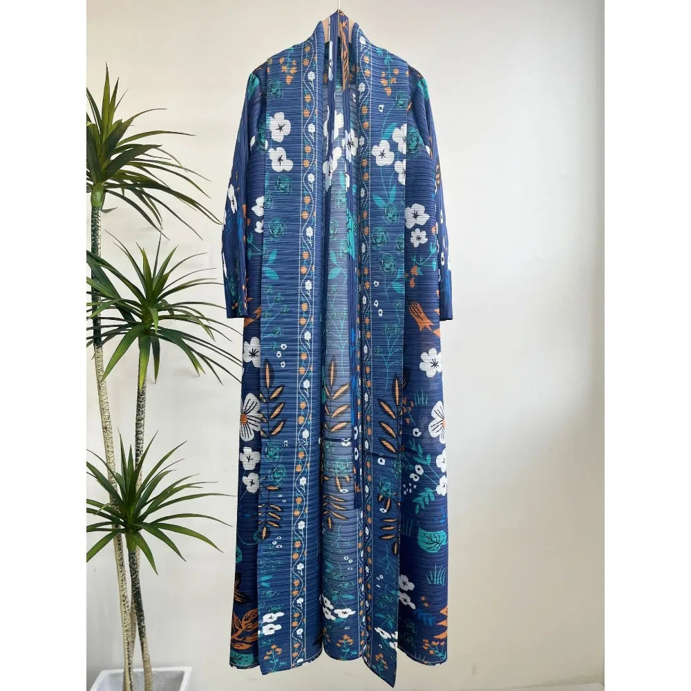 Miyake Pleated Women's Long Cardigan Windbreaker Coat Autumn New Ethnic Style Printing Loose Plus Size Dress Cloak Robe