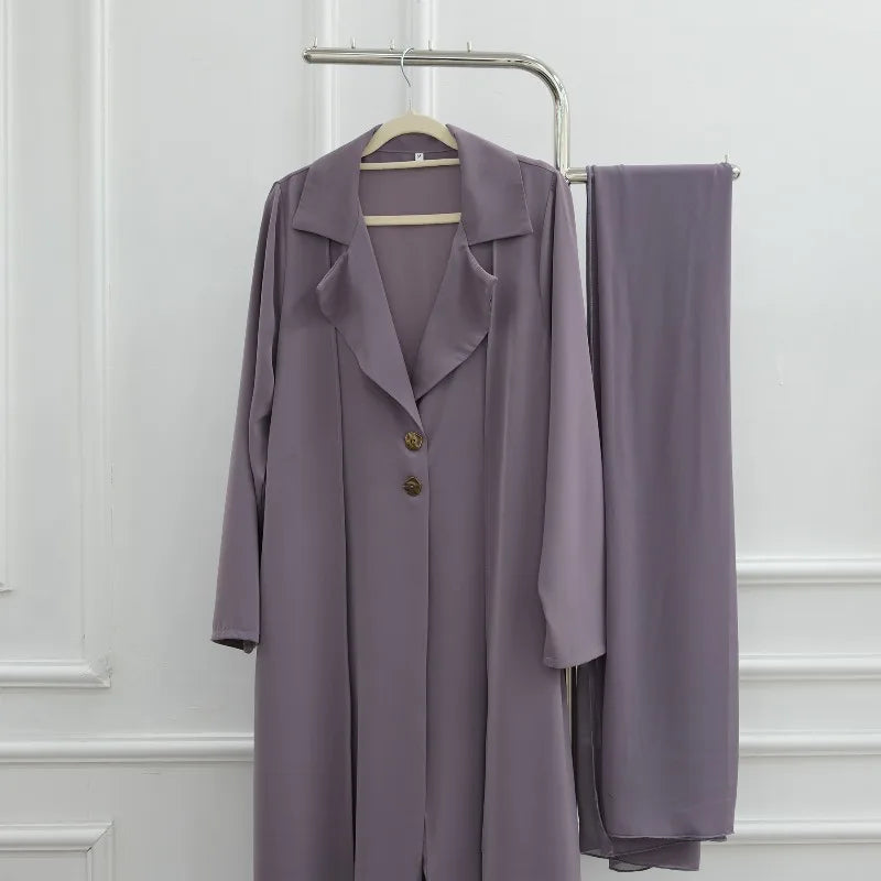 Ramadan Muslim Modest Dress for Women Elegant Two-piece Dubai Blazer-collar Abaya with Hijab Eid Islamic Turkey Kaftan Robe