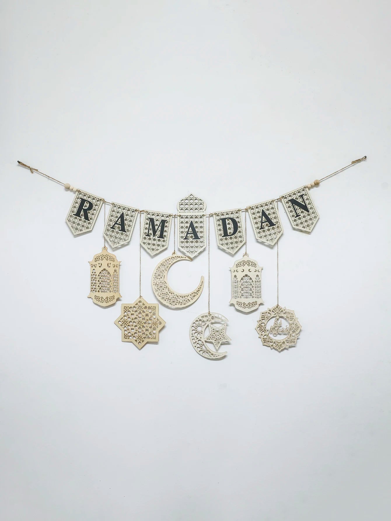 Ramadan Kareem Wooden Banner Garland - Islamic Moon Star Lantern Hanging Decor for Muslim Festival Home Party Wall Ornament Gift