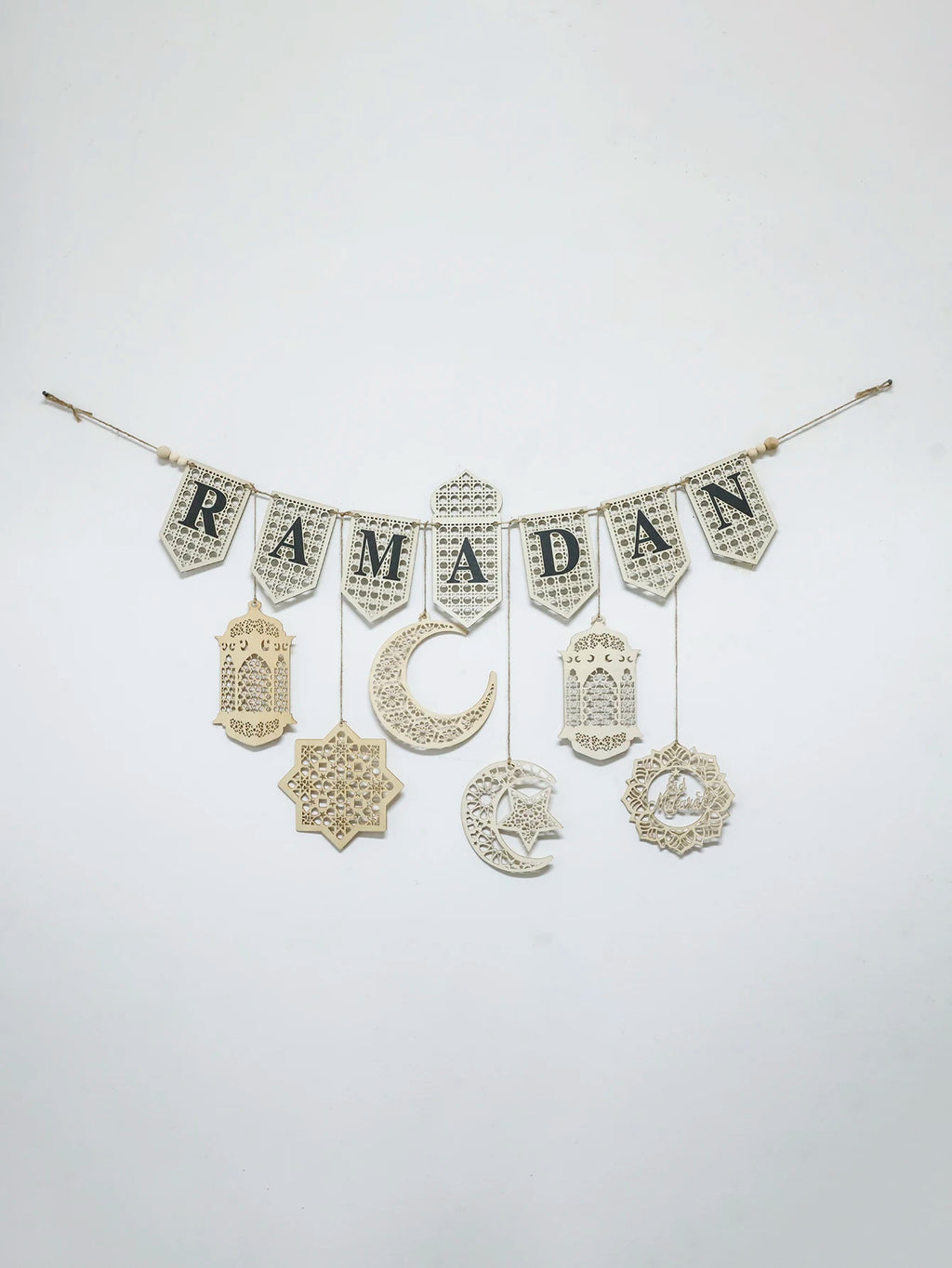 Ramadan Kareem Wooden Banner Garland - Islamic Moon Star Lantern Hanging Decor for Muslim Festival Home Party Wall Ornament Gift