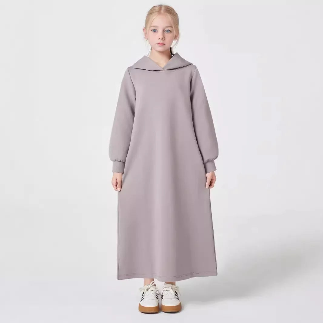 Middle East Muslim Fashion Abayas for Girls Solid Color Simple Hoodie Dress with Pocket Hooded Cuff Design Eid Ramadan Kids Robe