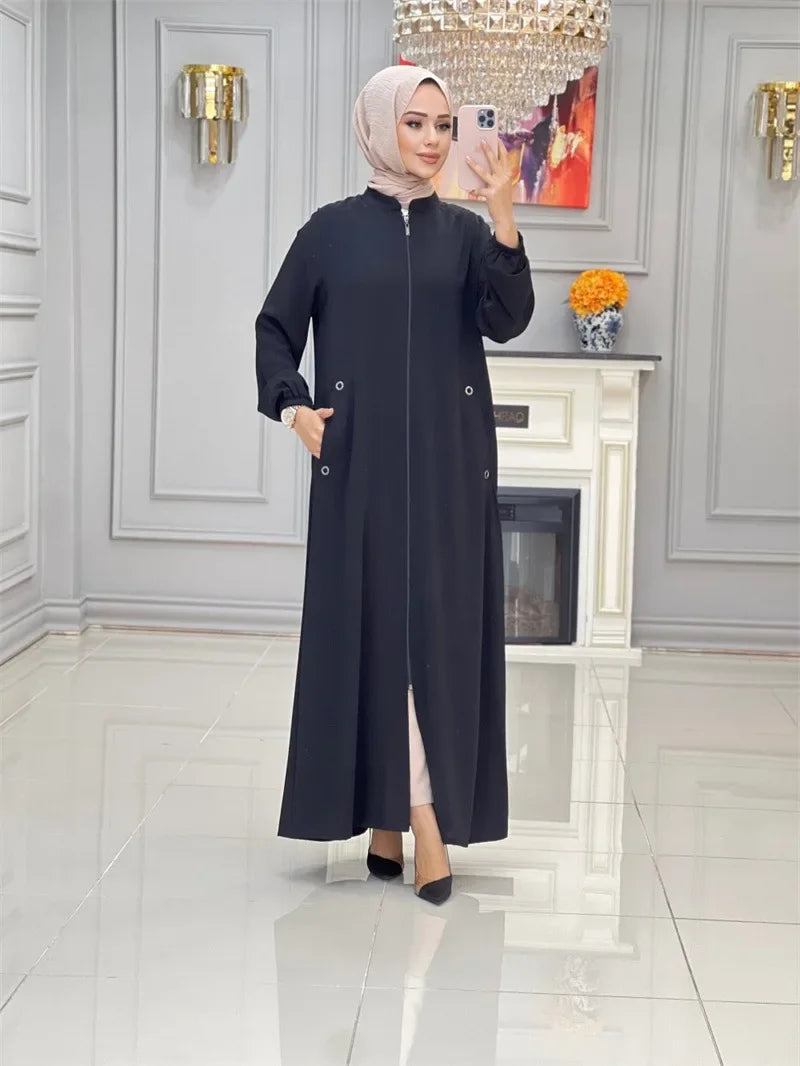 Middle East Dubai New Hot Sale Of The Season Women's Fashion Stand Collar Zipper Pocket Loose Casual Dress Gown Comfortable Eleg