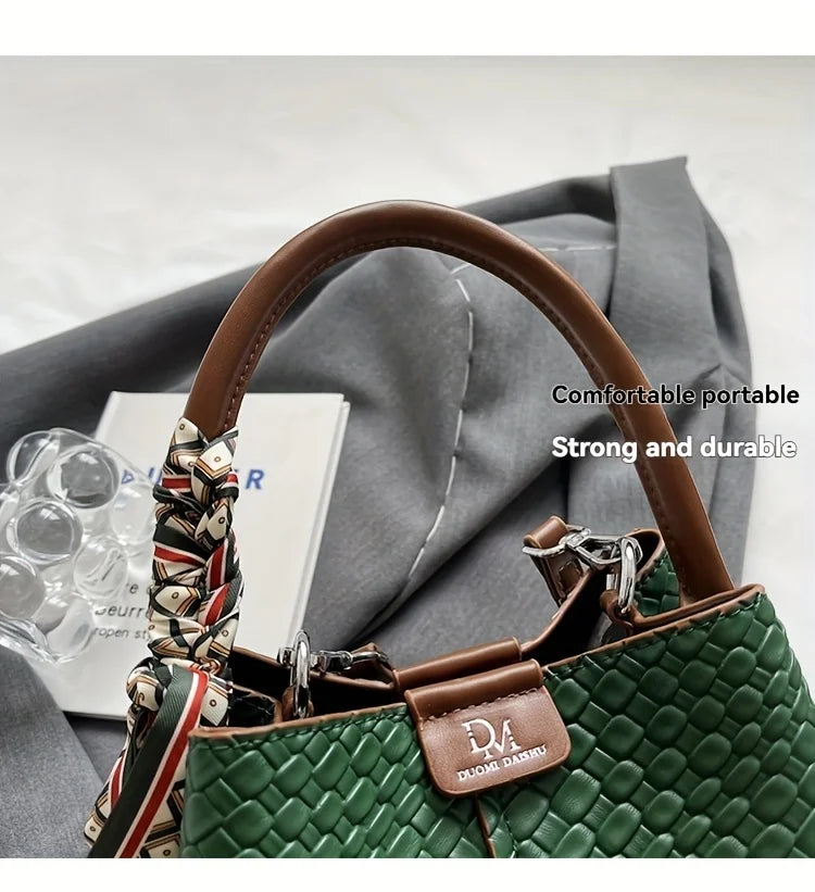 Fashionable Women's Bucket Bag, Stylish Solid Color Woven Effect Handbag Shoulder Bag and Crossbody Bag, Can Be Carried By Hand